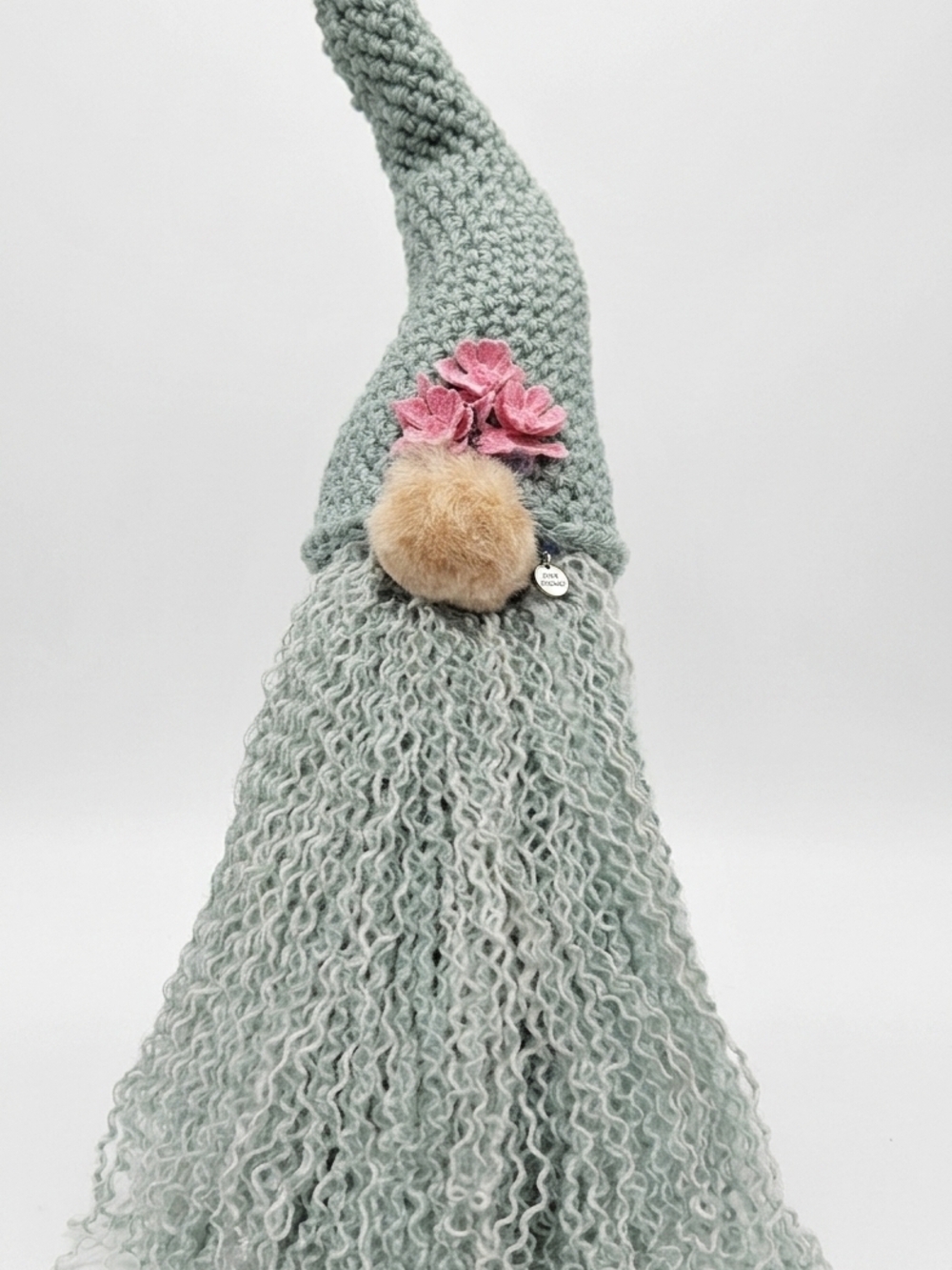 Handcrafted Sage Green Crochet Gnome with Pink Flower Accent